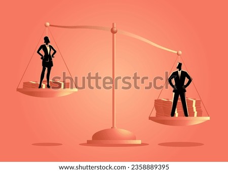 Businessman and businesswoman stand on a golden scale, conveys the disparity in salary, with the businessman appearing heavier. Sparks discussions on gender pay gaps and workplace inequality Royalty-Free Stock Photo #2358889395