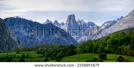 View on Naranjo de Bulnes or Picu Urriellu,  limestone peak dating from Paleozoic Era, located in Macizo Central region of Picos de Europa, mountain range in Asturias, North Spain Royalty-Free Stock Photo #2358891879