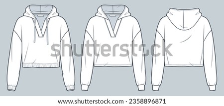 Crop Hoodie technical fashion illustration. Hooded Sweatshirt fashion flat technical drawing template, different bottoms, v-neck, oversize, front, back view, white, women, men, unisex CAD mockup set. Royalty-Free Stock Photo #2358896871