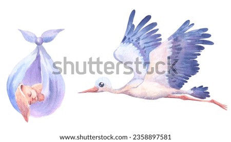 Watercolor hand painted flying white stork with sleeping baby bunny. Hand painted ciconia bird illustration isolated on white background