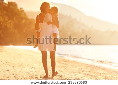 mother and daughter happy in love at sunset 