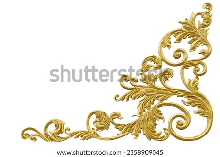 Cast iron with an ancient Roman mustard leaf pattern painted gold for decorating corners or Louis frames Isolated on white background. This has clipping path. Royalty-Free Stock Photo #2358909045