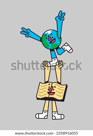 Book and Earth Cheering Cartoon Character