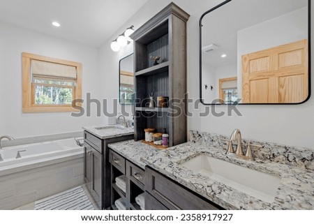An elegantly designed bathroom interior featuring a large vanity, bathtub and sink