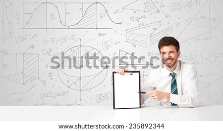 Business man sitting at white table with hand drawn calculations background