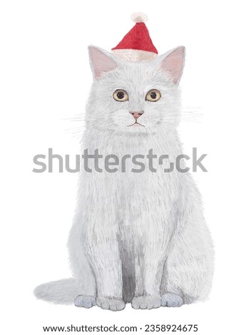 Clip art of white cat wearing Santa hat