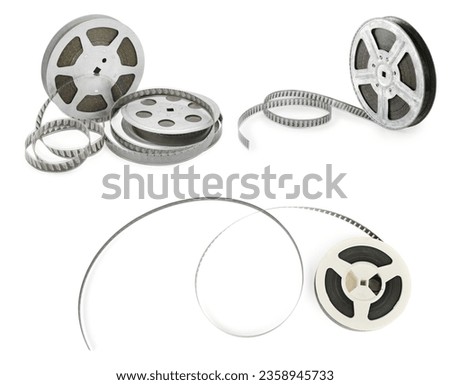 Collections old film strip in metal bobbins isolated on white background. Various angles.