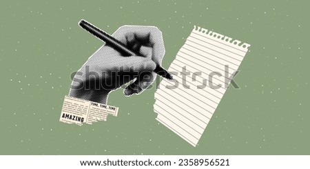 Halftone hand writes on notebook sheet. Trendy retro style. The concept of writing goals and plans. Royalty-Free Stock Photo #2358956521