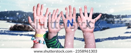 Children Hands Building Word Link, Winter Background Royalty-Free Stock Photo #2358961303