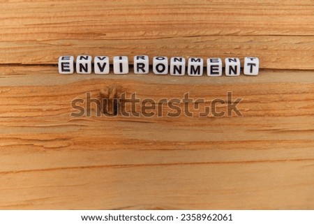 White blocks with black lettering spelling the word Environment.  Rough natural wooden background. 