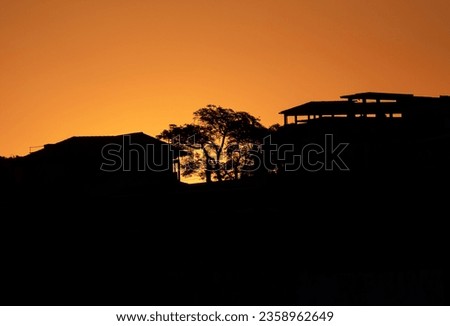 silhouette of buildings and trees at sunset