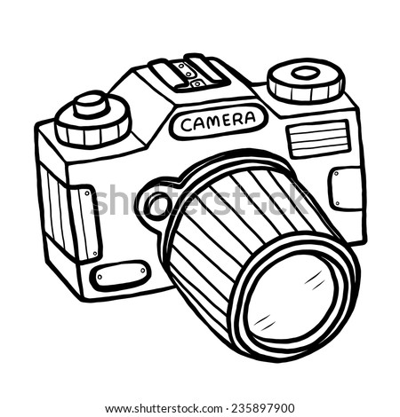 DSLR camera / cartoon vector and illustration, black and white, hand drawn, sketch style, isolated on white background.
