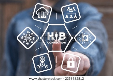 Man using virtual touch screen presses text button: HUB CONNECTION. Web digital networking. Hub Network Connection Technology. Royalty-Free Stock Photo #2358982813