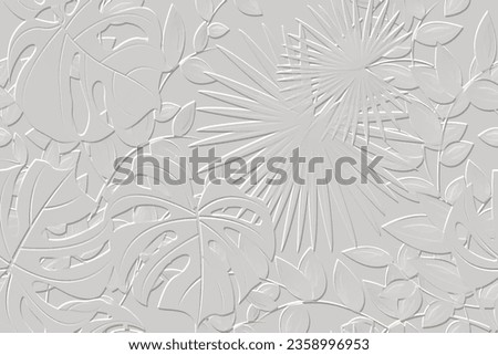 Embossed leafy white 3d seamless pattern. Beautiful floral relief background. Repeat textured vector backdrop. Surface emboss palm leaves. 3d endless ornament with embossing effect. Leafy texture. Royalty-Free Stock Photo #2358996953