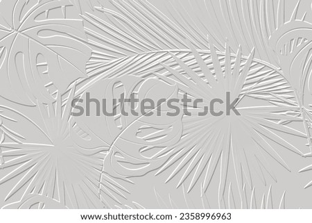 Embossed tropical palm leaves white 3d seamless pattern. Beautiful floral relief background. Repeat textured vector backdrop. Surface emboss leaves. 3d ornament with embossing effect. Leafy texture. Royalty-Free Stock Photo #2358996963