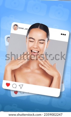 Social media, post and content creation, beauty and happy woman with frame, dermatology and excited influencer. App, profile picture and overlay with skincare, cosmetic care and photography display