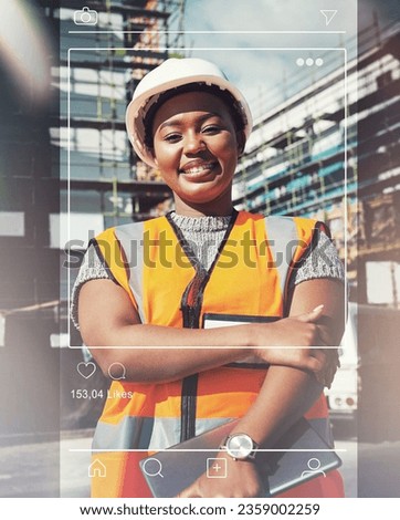 Social media, post and portrait of black woman, architect at construction site with frame, engineering and industry. App, profile picture and overlay with contractor, inspection and photography