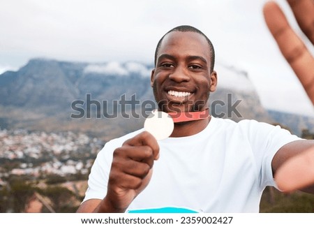 Runner man, medal and selfie for portrait at marathon, competition or celebration with smile in Cape Town. African winner guy, champion and memory for goal, contest or profile picture on social media