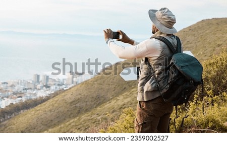 Phone, hiking and photography of black man in nature, adventure and travel on holiday vacation. Mobile, picture of city and person trekking outdoor, tourist journey and view of countryside landscape