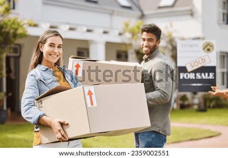 Couple, boxes and portrait for new home, real estate and property, homeowner and outdoor neighborhood. Young and happy interracial people with cardboard, moving in dream house together and sold sign