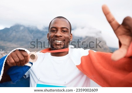 Winner portrait, flag or black man with gold medal, emoji sign and pose for marathon runner, competition or champion picture. Target success photo, achievement or France athlete with race prize award
