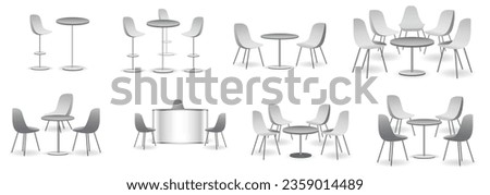 set of realistic trade exhibition chair and table or white blank exhibition kiosk or stand booth corporate commercial. 3D Render Royalty-Free Stock Photo #2359014489