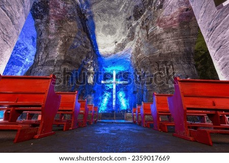 The Salt Cathedral of Zipaquira underground Roman Catholic church built within the tunnels of a salt mine 200m underground in a halite mountain near the city of Zipaquirá, in Cundinamarca, Colombia. Royalty-Free Stock Photo #2359017669