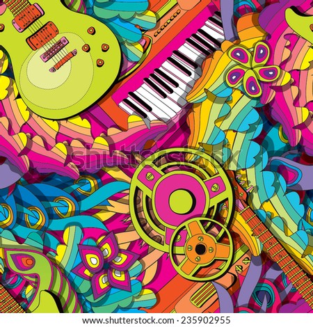 Psychedelic seamless pattern with guitar and synth
