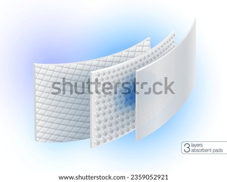 Features 3 layers of absorbent pads Absorbs moisture with hygroscopic beads and is well ventilated. Use ads for diapers and adult diapers, sanitary napkins, and absorbent mattress pads. Royalty-Free Stock Photo #2359052921