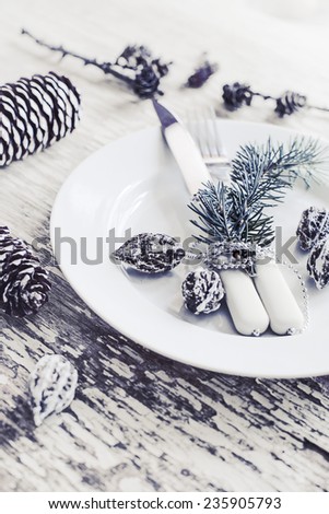 Christmas table place setting with christmas pine-cone and plate, knife and fork / Christmas holidays background