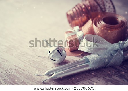 Christmas background with christmas decorations and candles / toned pictures