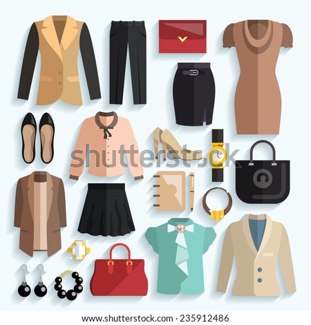 Businesswoman clothes decorative icons flat set with jacket panties purse isolated vector illustration Royalty-Free Stock Photo #235912486