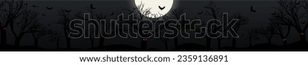 Panoramic Dark Forest Header lit by moonlight with a full moon. Halloween Horizontal Banner of dark tree silhouettes with flying bats, graves, ghosts, and zombie. Vector Illustration. Royalty-Free Stock Photo #2359136891