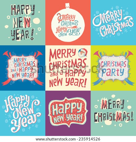Set of Christmas and New Year labels with Hand Lettering Typography