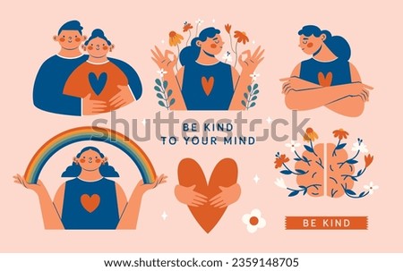 Hand drawn set of vector illustrations about mental health support with hugging people, young persons, hands, heart, rainbow, brain, flowers, labels. Modern minimal clip arts with funny characters.