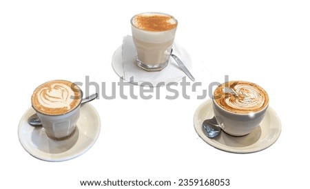 Hot Warm Homemade Coffee Latte Chai Tea Morning Brew in Cups and Glasses in cafe restaurant having brunch: Tasty and Delicious Espresso Latte Mocha Tea Cutout Isolate Studio Object for Edit