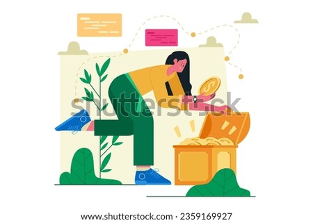 Woman Finds Treasure Vector Illustration Royalty-Free Stock Photo #2359169927