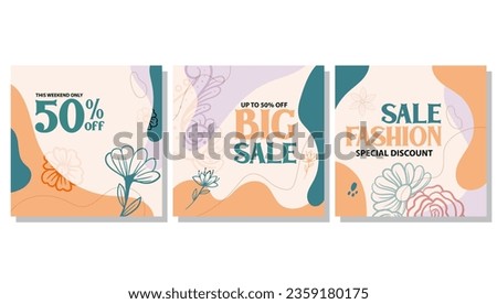 abstract background with hand drawn elements with flowers, green branches and leaves in templates for social media stories and post, wedding invitation, greeting card, packaging, branding, design