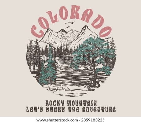 Colorado adventure vintage print design for t shirt and others. National park graphic artwork for sticker, poster, background. Royalty-Free Stock Photo #2359183225