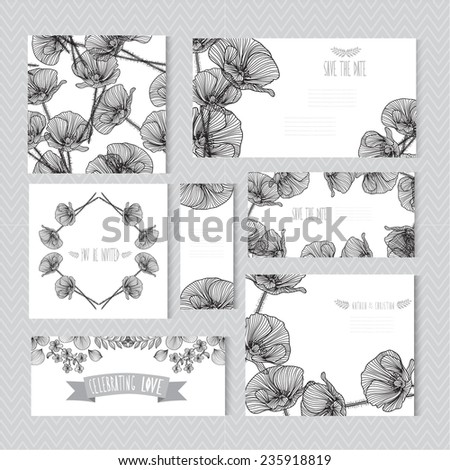 Elegant cards with decorative poppies, design elements. Can be used for wedding, baby shower, mothers day, valentines day, birthday cards, invitations. Vintage decorative flowers