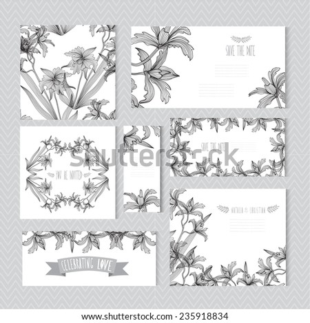 Elegant cards with decorative orchids, design elements. Can be used for wedding, baby shower, mothers day, valentines day, birthday cards, invitations. Vintage decorative flowers