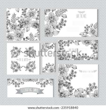 Elegant cards with decorative flowers, design elements. Can be used for wedding, baby shower, mothers day, valentines day, birthday cards, invitations. Vintage decorative flowers