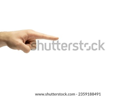 Male hand pointing with finger isolated on white background copy space, hand gestures - pointing with forefinger