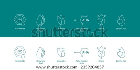 Skincare Power Ingredients Icons Niacinamide, Hyaluronic Acid, Ceramides, AHA, BHA, Retinol, Salicylic Acid - Comprehensive Vector Set for Beauty and Wellness Royalty-Free Stock Photo #2359204857