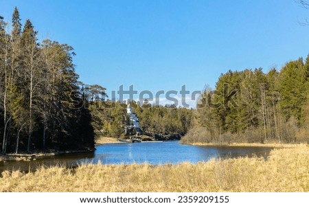 Landscape, rocks, stones, pine trees, Old church, cathedral, church, Architectural structure.Park. Valaam. Karelia Russia. Lake Ladoga