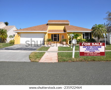 Real Estate for sale open house welcome sign front yard suburban ranch home residential neighborhood sunny blue sky USA
