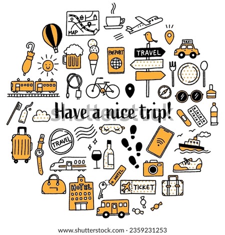 Simple and cute hand drawn travel illustration set (yellow)