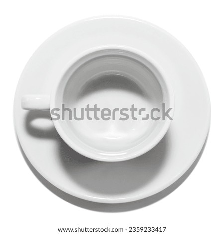 Empty white coffee cup with saucer or plate on white background. View from above