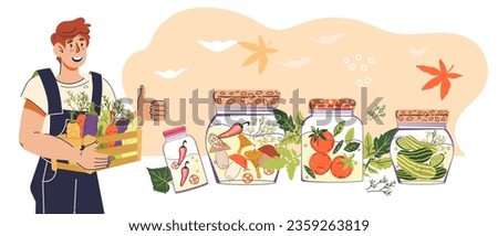 Farmer with canned food, harvest of his farm preserved in jars, flat cartoon vector illustration isolated on white backgrounds. Farm and homemade pickles and preserves banner. Royalty-Free Stock Photo #2359263819