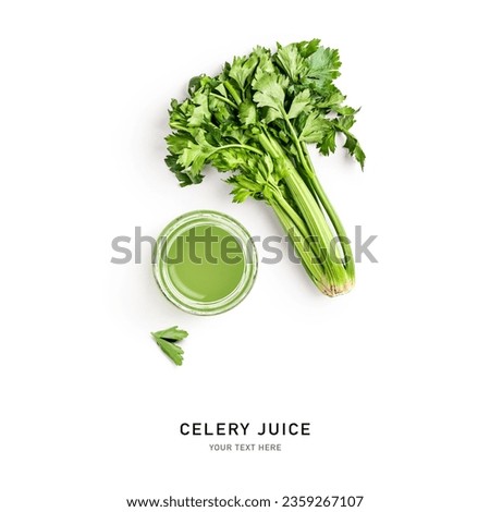 Fresh green celery and glass with celery juice isolated on white background. Creative layout. Healthy eating and dieting food concept. Design element. Top view, flat lay
 Royalty-Free Stock Photo #2359267107